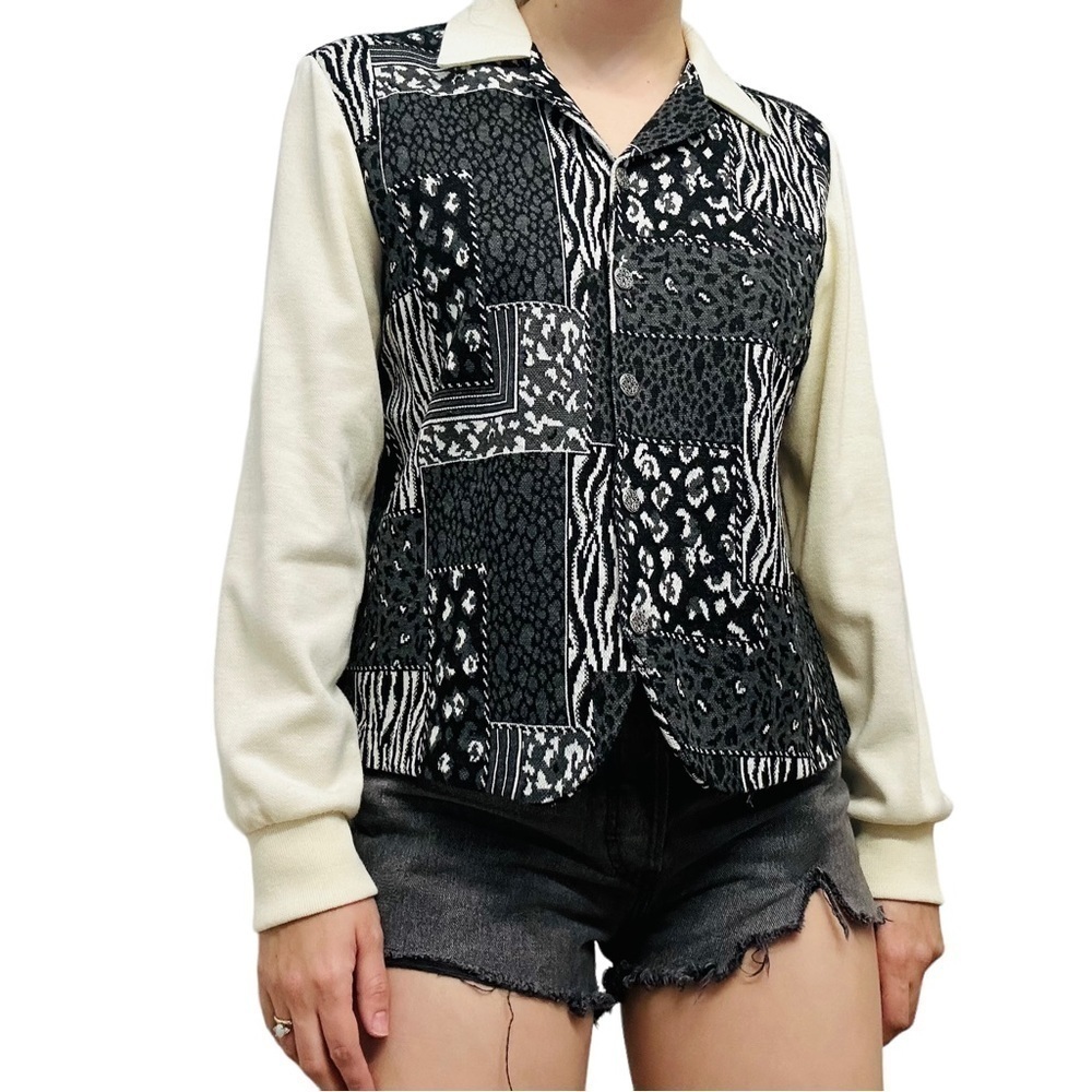 Vintage Sweater Button Up Shirt 80s Animal Print Modest Whimsigoth Black Small